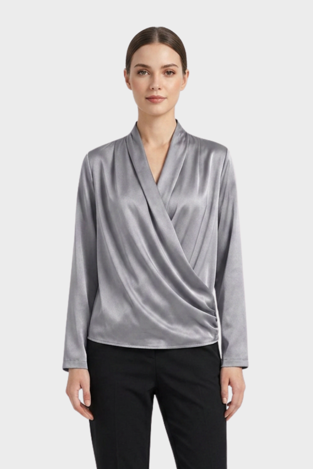 Women's Wrap Blouse with V-Neck and Long Sleeves