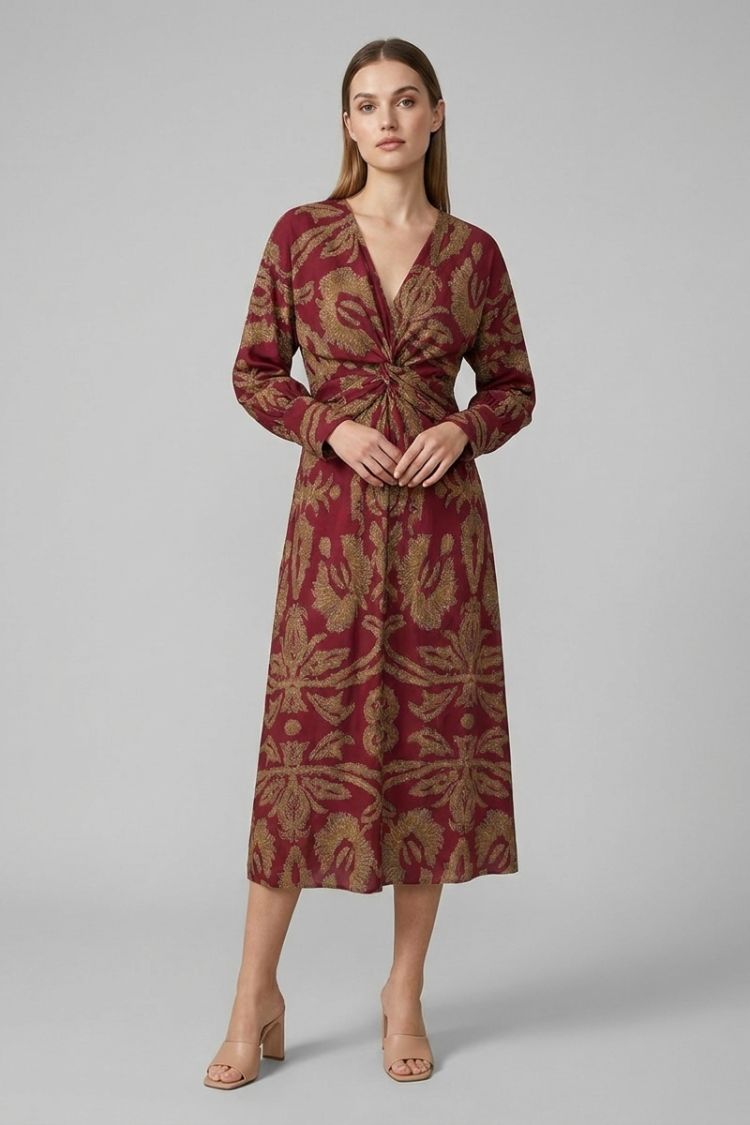 Midi Dress for Women in Wrap Style with V-Neck