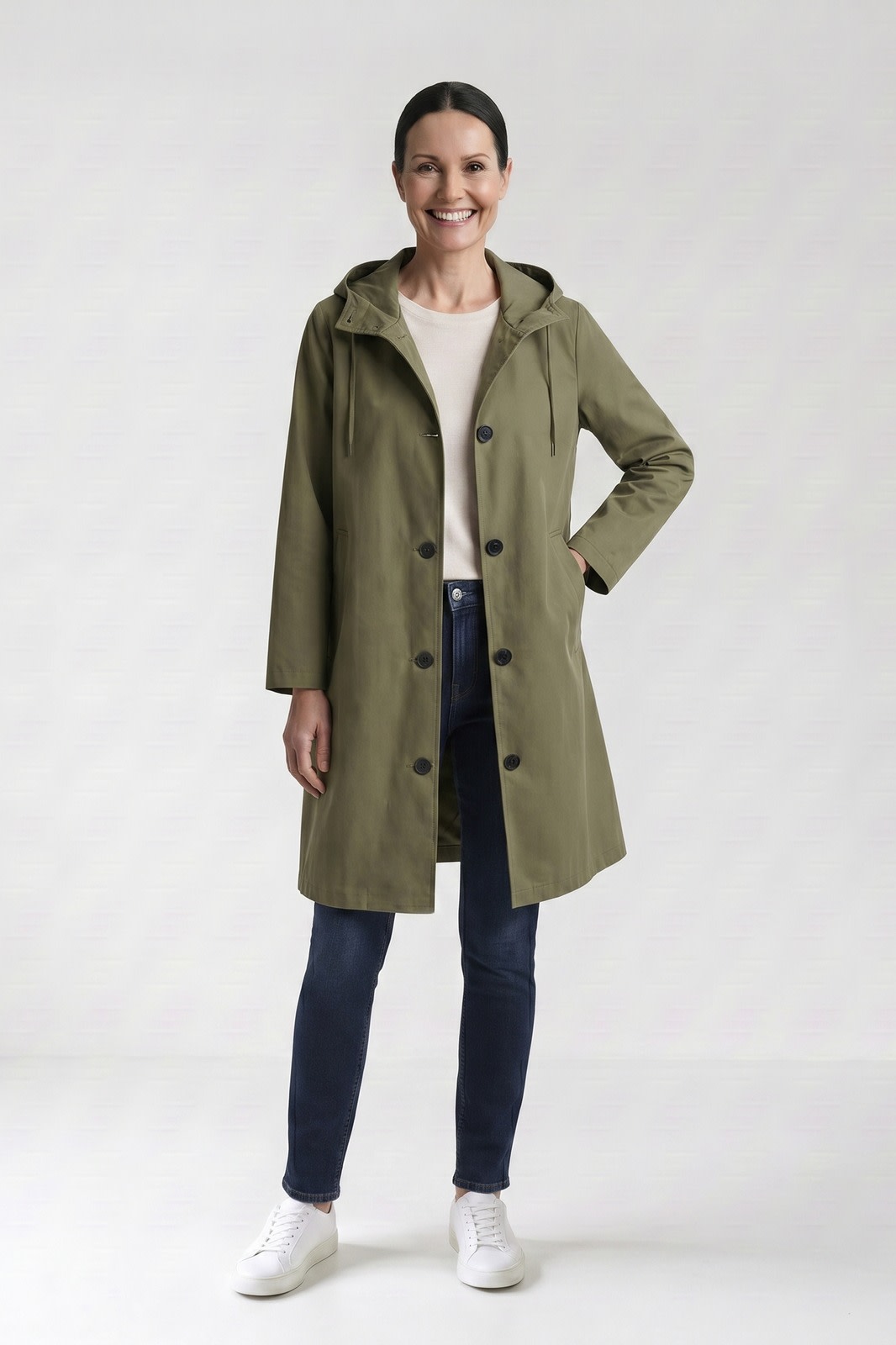 Women's Hooded Raincoat | Button-Front — Green — front view — on model