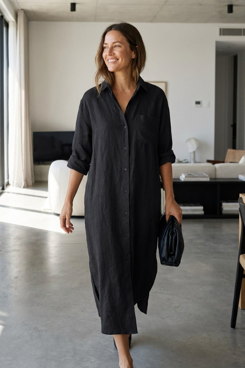 Women's Long Shirt Dress with Button Placket