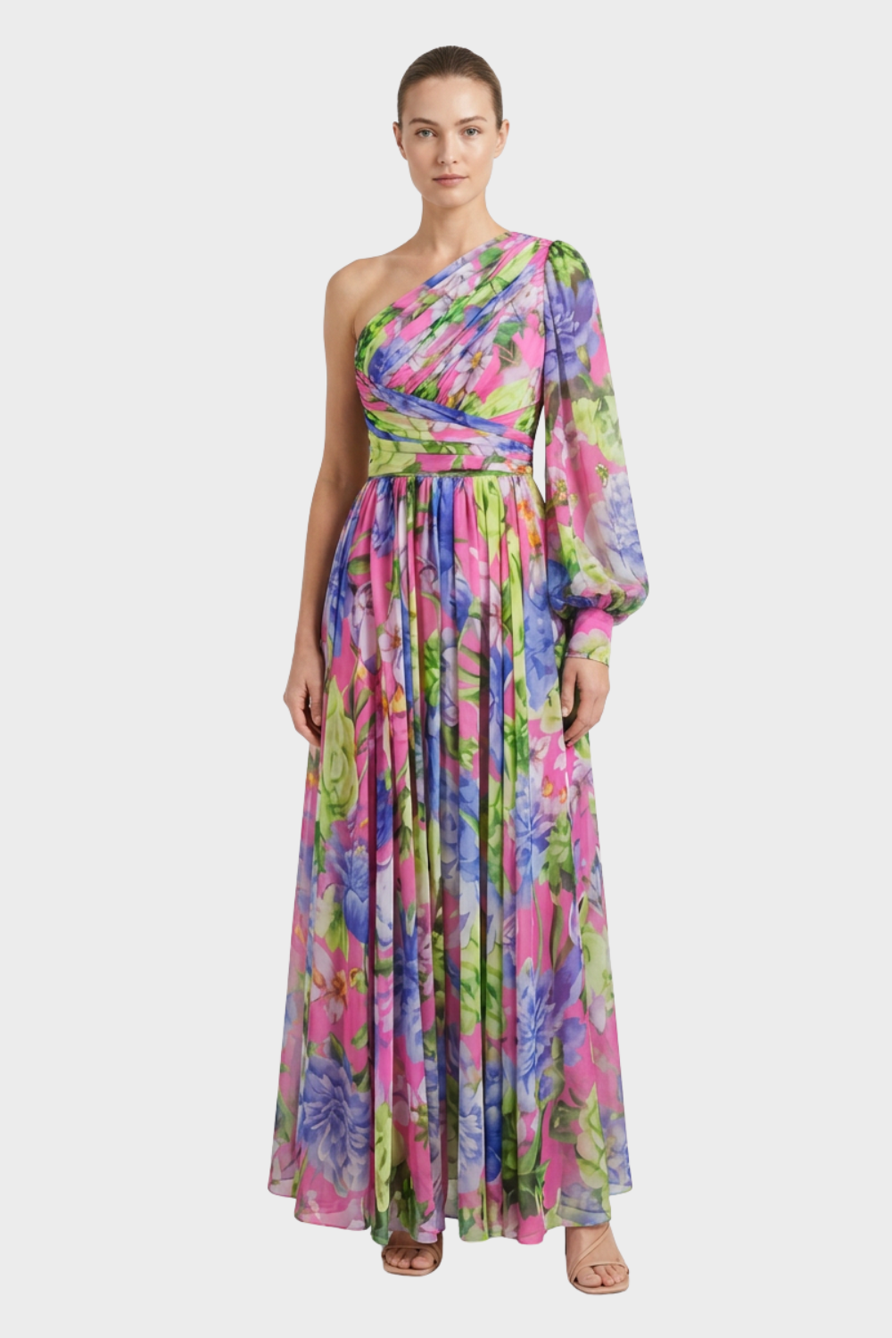 Women's One-Shoulder Maxi Dress with Floral Pattern