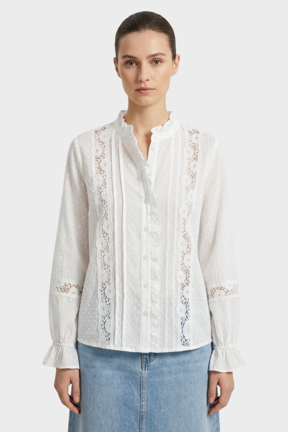 Women's Long Sleeve Blouse with Lace and Ruffles