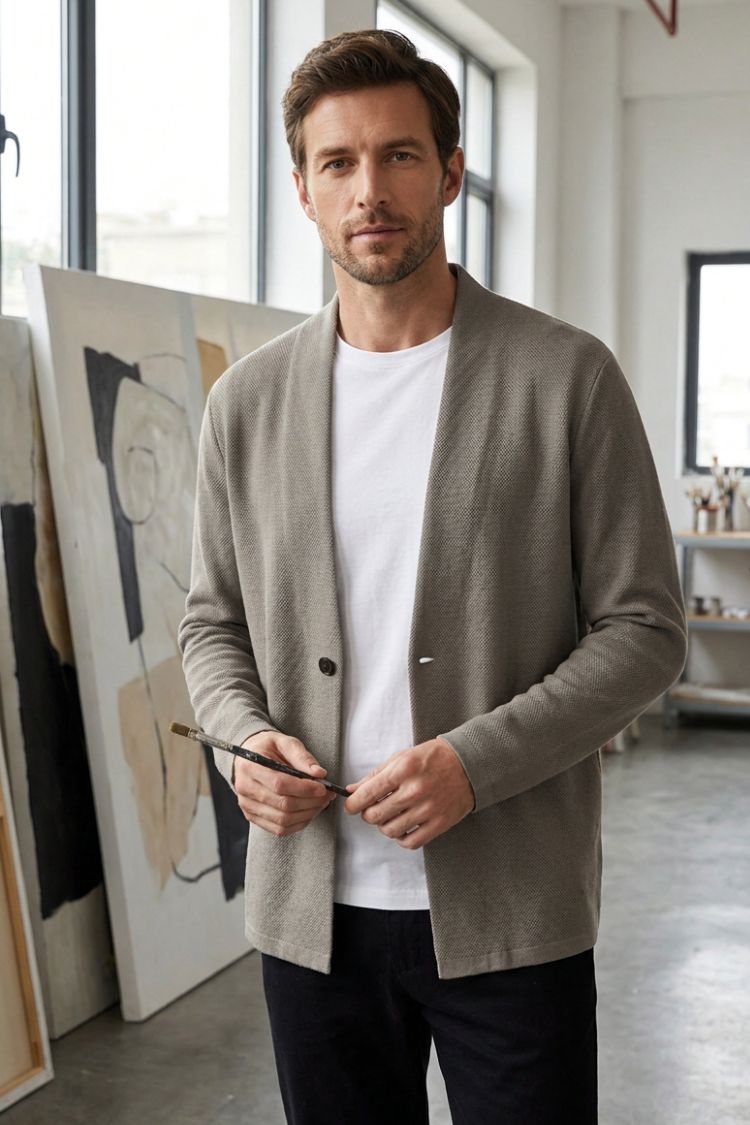 Men's Open Cardigan | Button Detail & Stand Collar