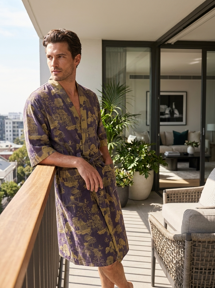 Kimono Women's Bathrobe with Belt and Pattern Knee-Length