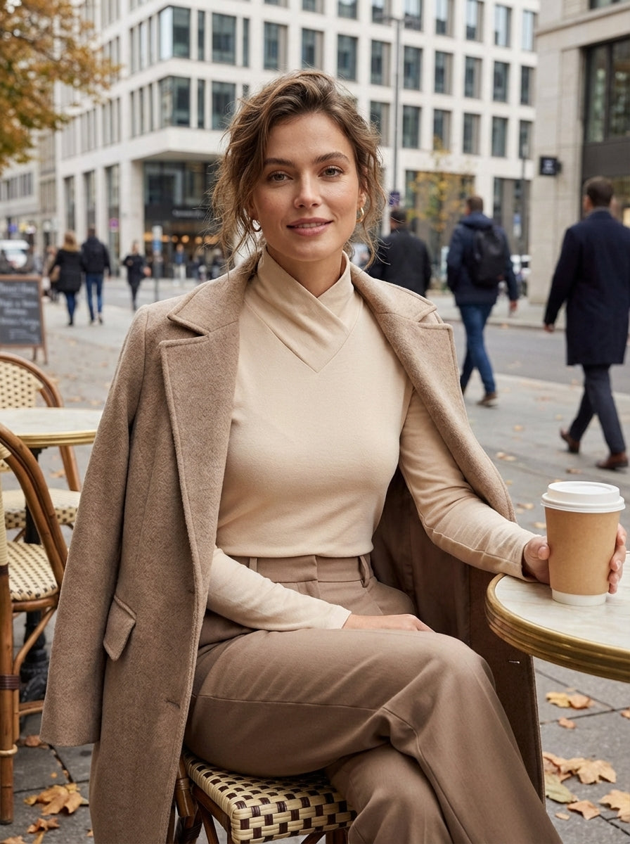 Women's Long Sleeve Top with Stand-up Collar and V-neck