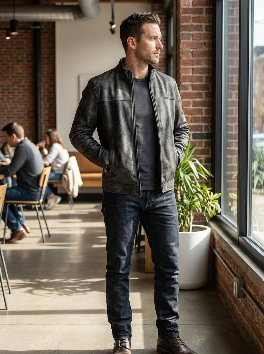 Men's Suede Leather Jacket with Zip