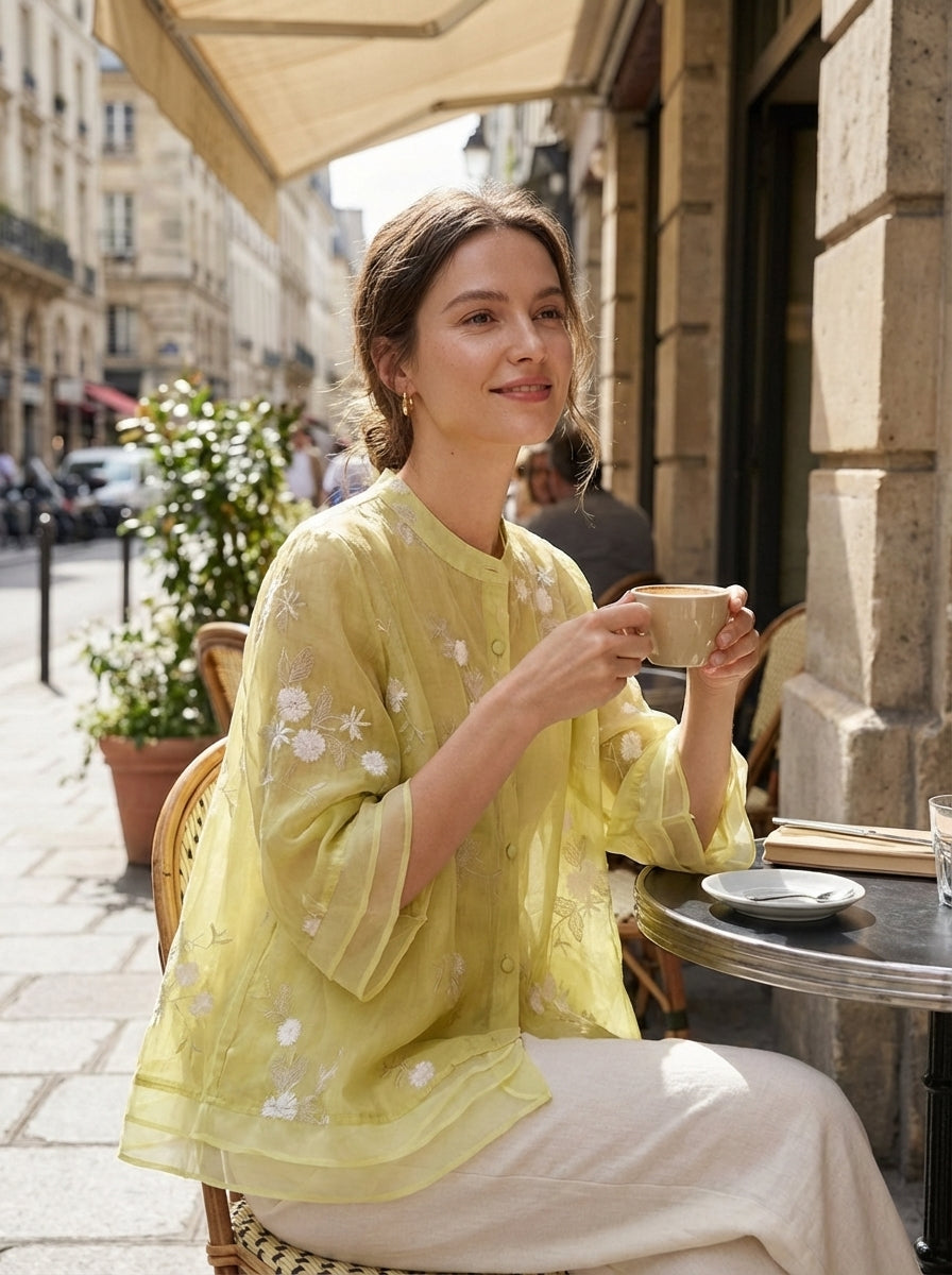 Women's Blouse with Stand-Up Collar and Ruffled Sleeves