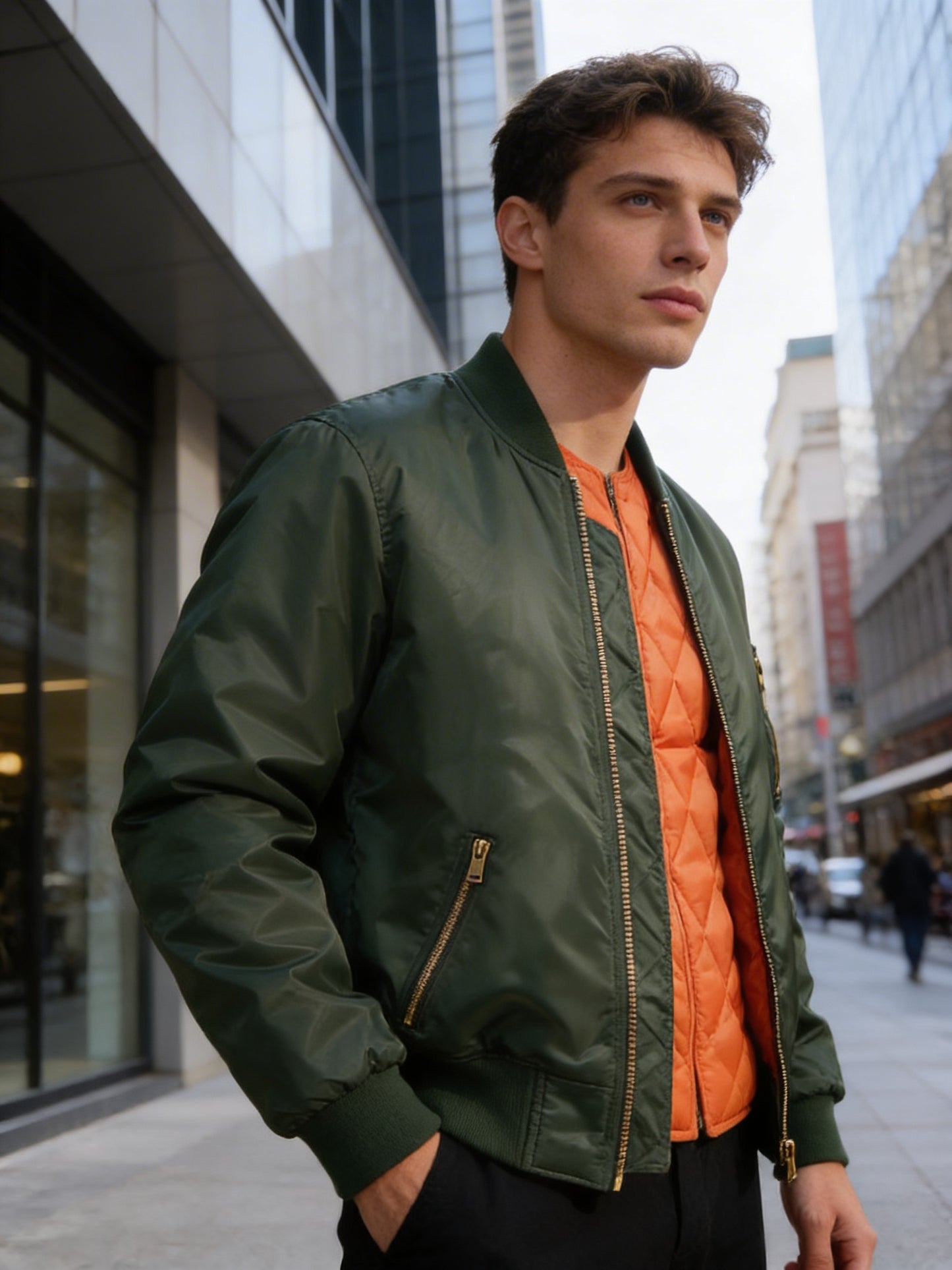 Men's Padded Bomber Jacket with Zip and Stand-Up Collar
