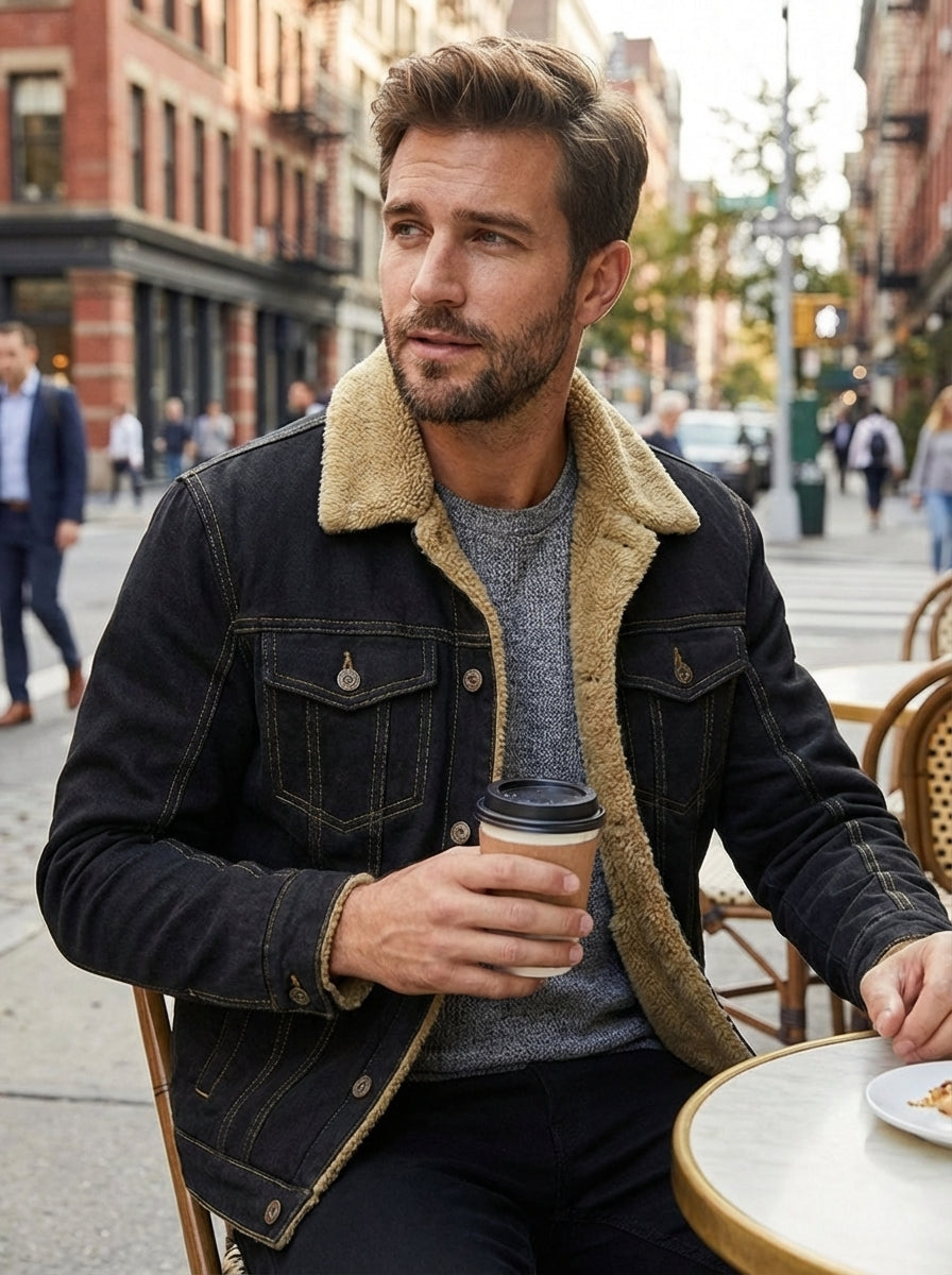 Men's Denim Jacket with Faux Fur Collar and Button Placket
