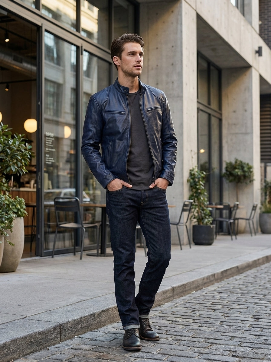 Men's Leather Jacket Biker Jacket with Zip