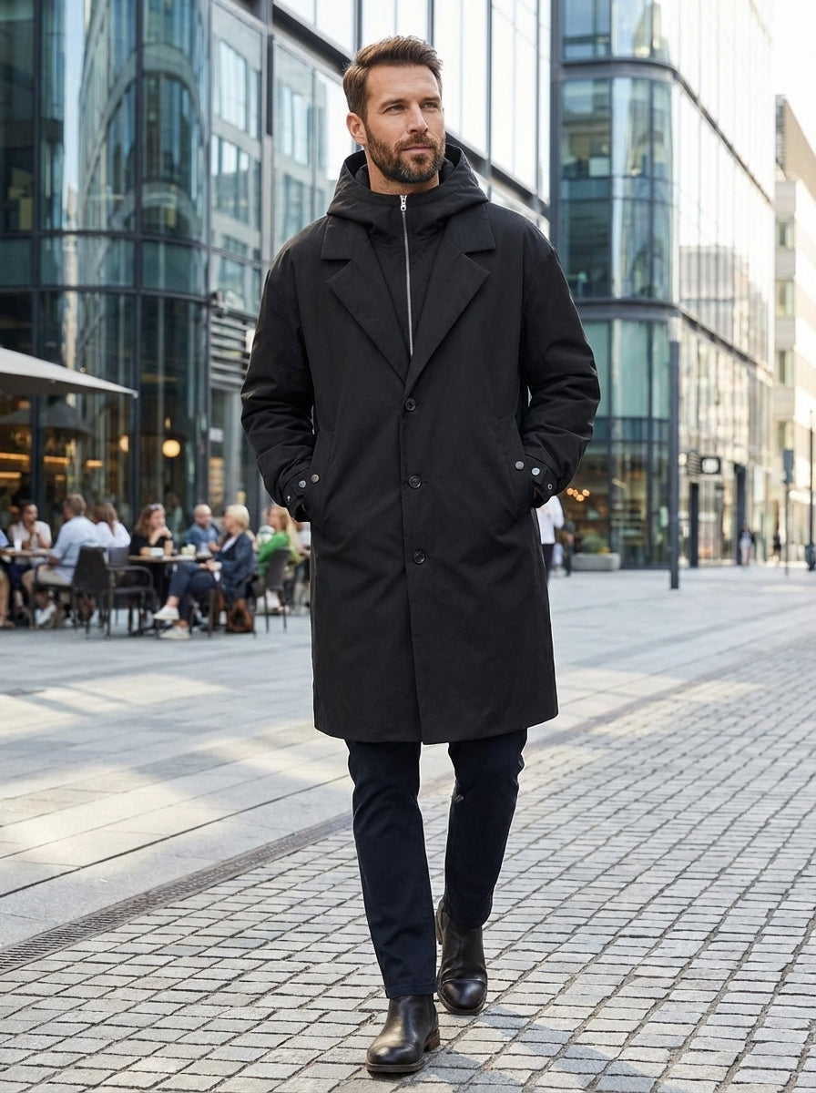 Men's Coat with Hood and Notched Collar