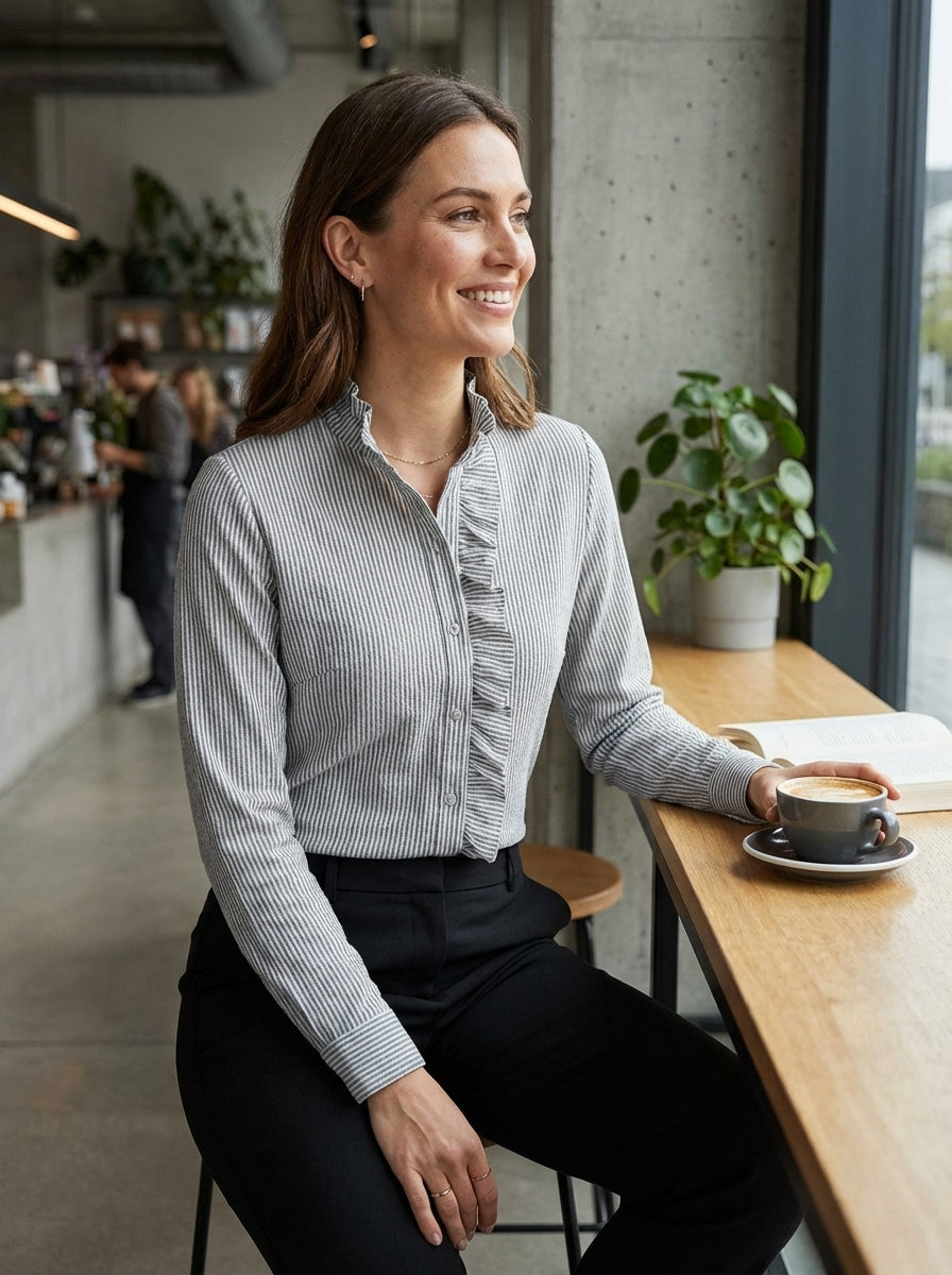 Women's Blouse with Ruffles and Stand-Up Collar