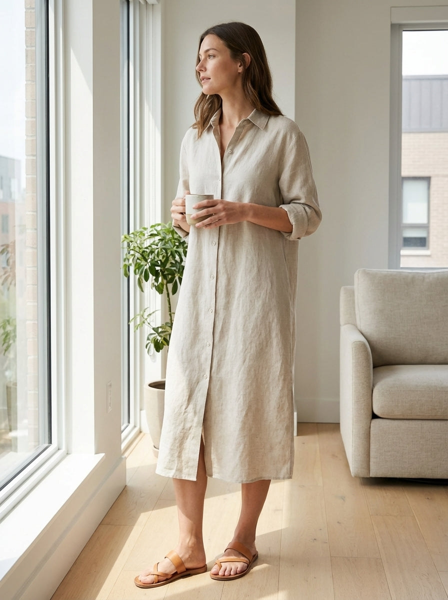 Women's Long Shirt Dress with Button Placket
