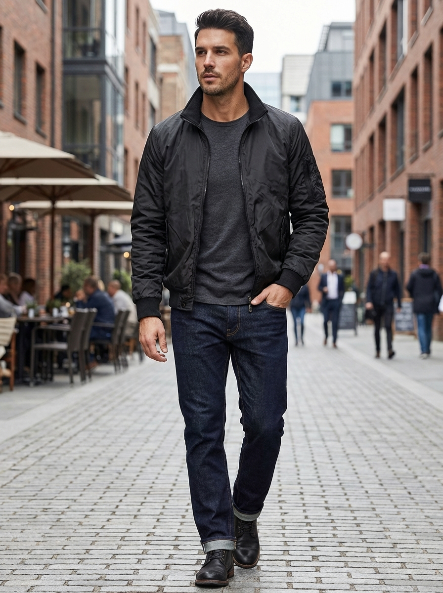 Men's Casual Bomber Jacket with Zip and Stand-Up Collar