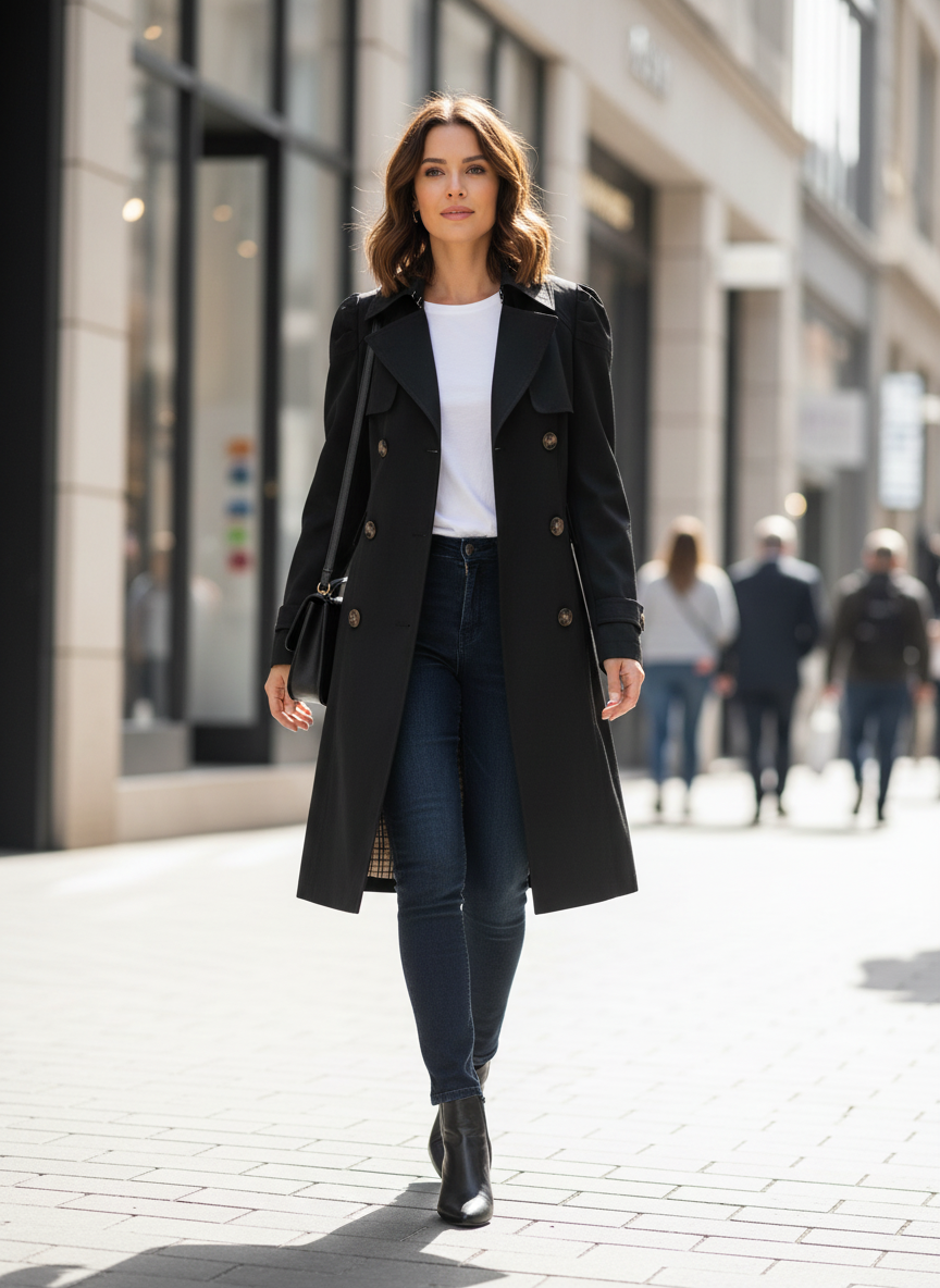 Women's Trench Coat with Notched Collar and Button Placket