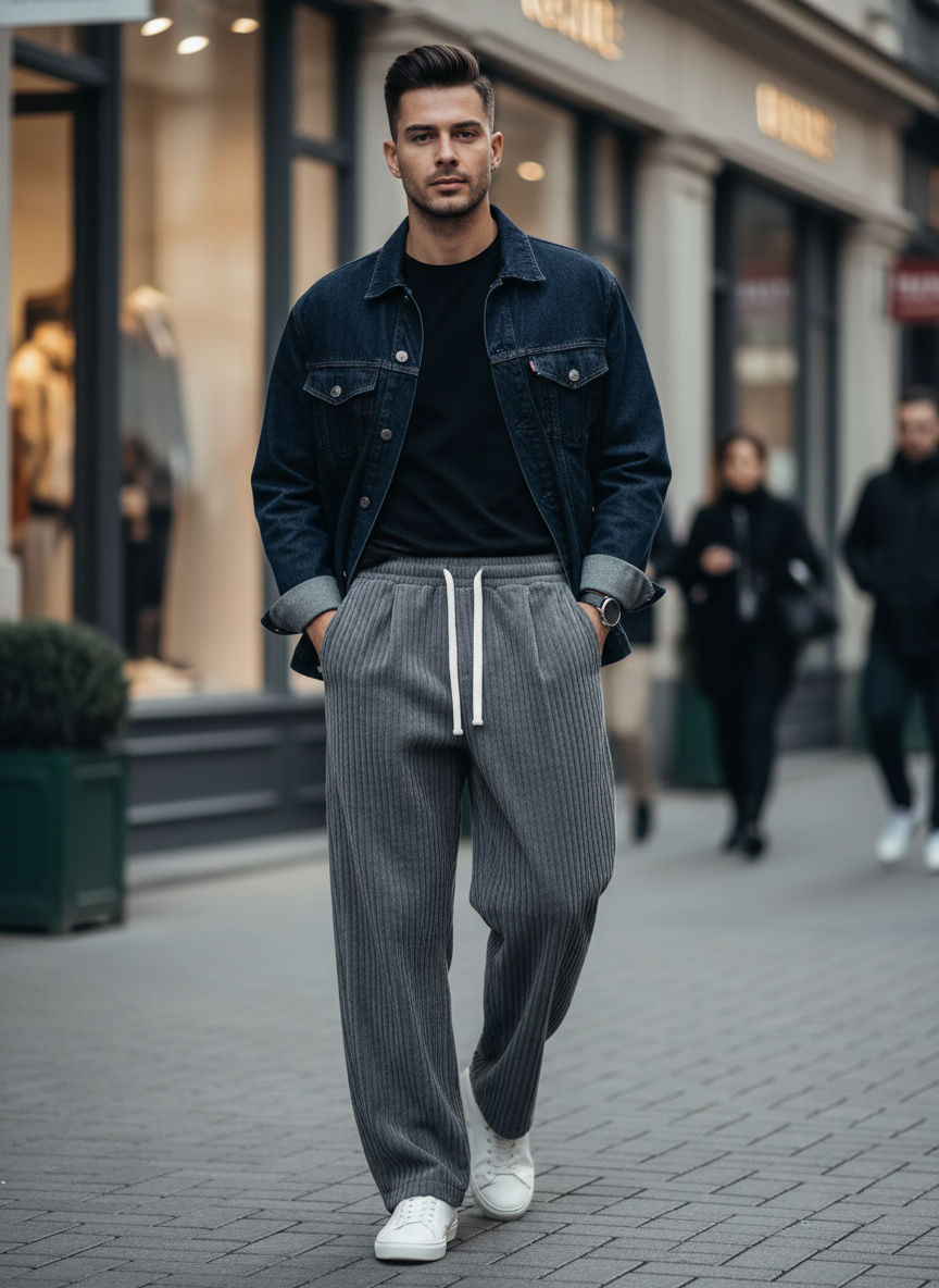 Men's Cord Trousers with Elastic Waistband and Wide Leg