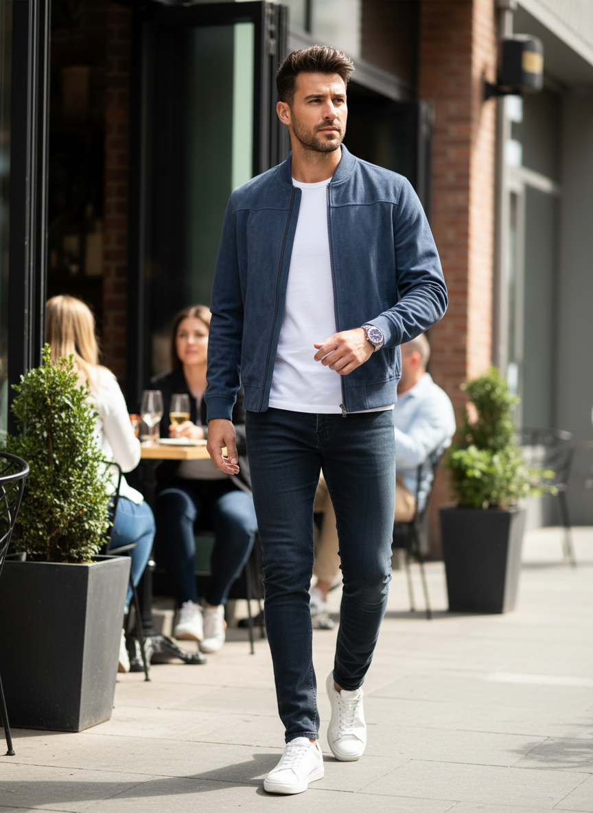 Men's Leather Jacket with Zip and Stand-Up Collar