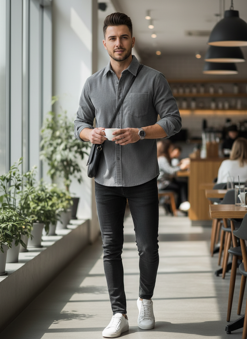 Men's Cord Shirt with Button Placket and Chest Pocket