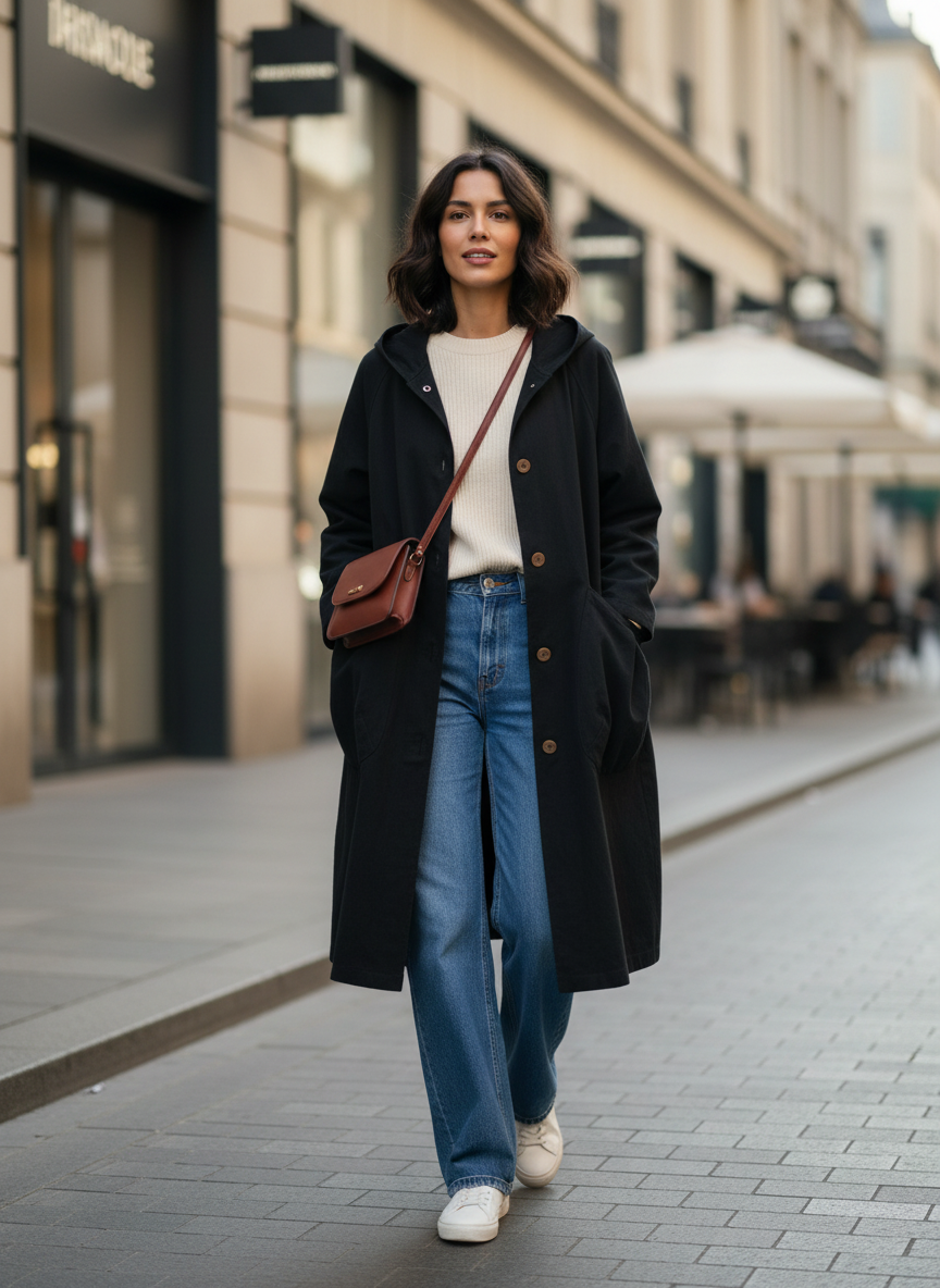 Women's Coat with Hood and Button Placket, Long Style
