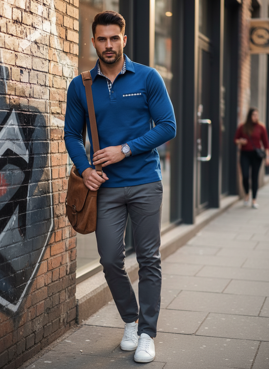 Men's Long Sleeve Polo Shirt with Collar and Chest Pocket