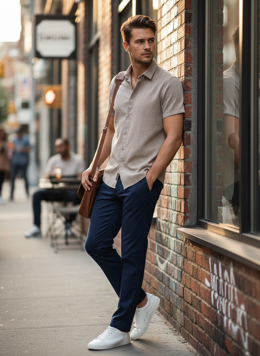 Men's Short Sleeve Shirt with Kent Collar