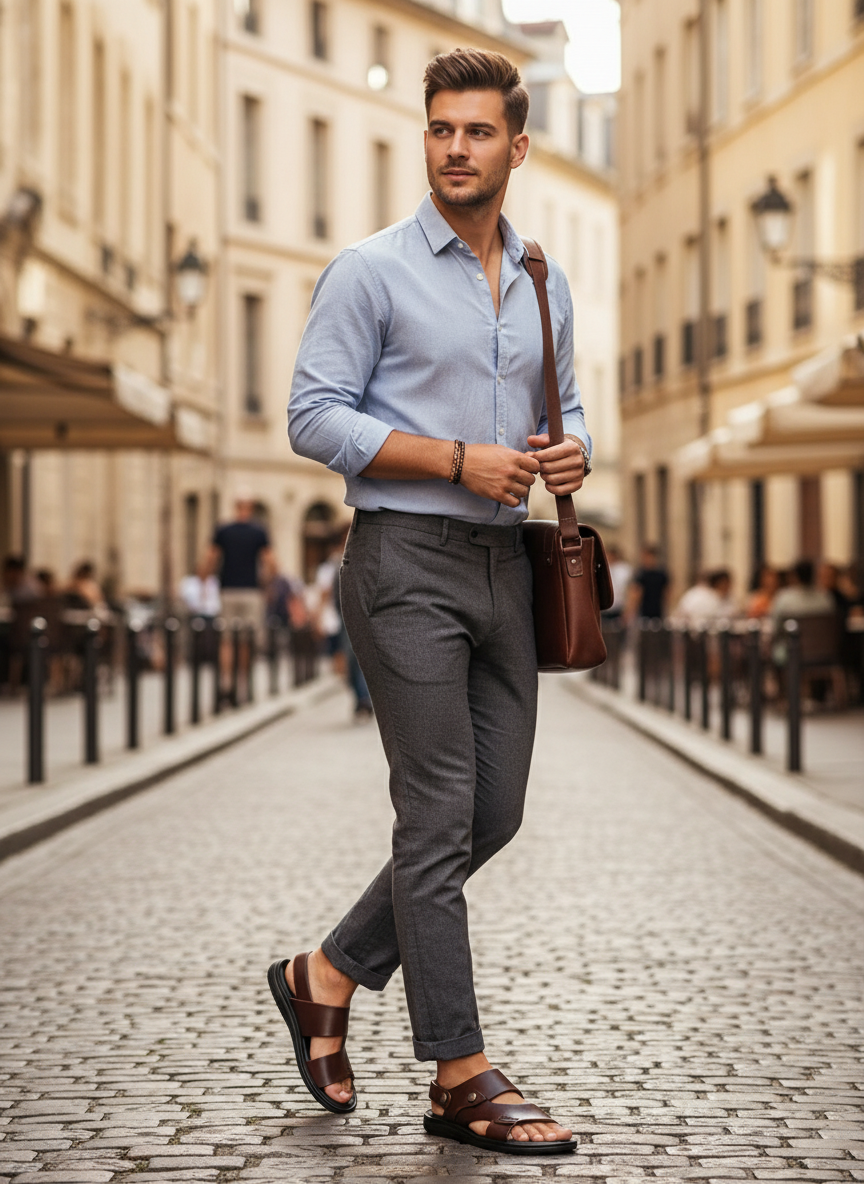 Men's Leather Sandals with Adjustable Strap