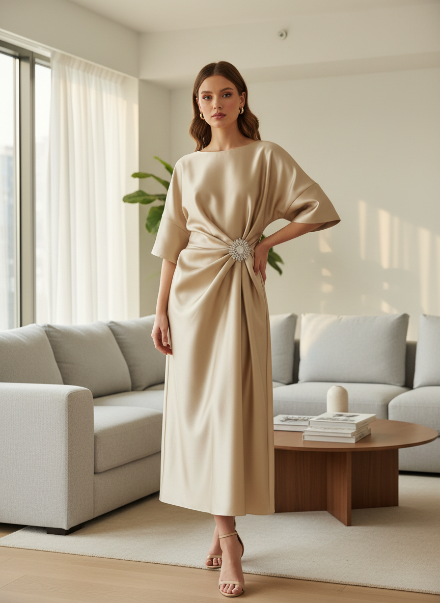 Women's Satin Evening Dress with Draping and Decorative Brooch – Midi