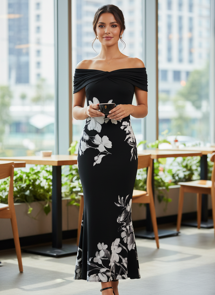 Women's Off-Shoulder Maxi Dress with Floral Print – Figure-Hugging