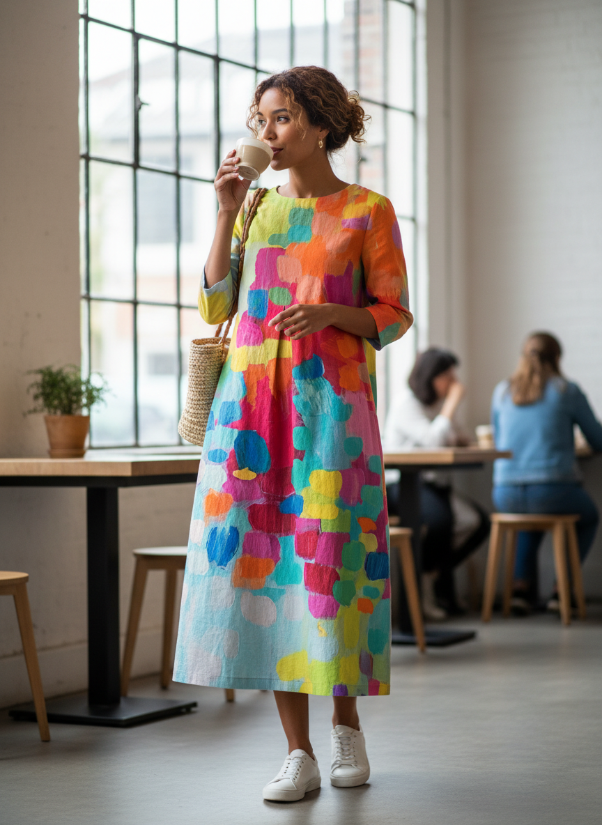 Women's Midi Dress Long with Pattern Round Neck