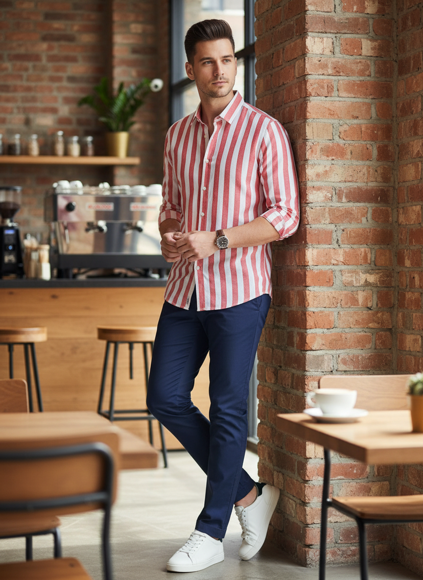 Men's Long Sleeve Shirt with Stripes and Kent Collar