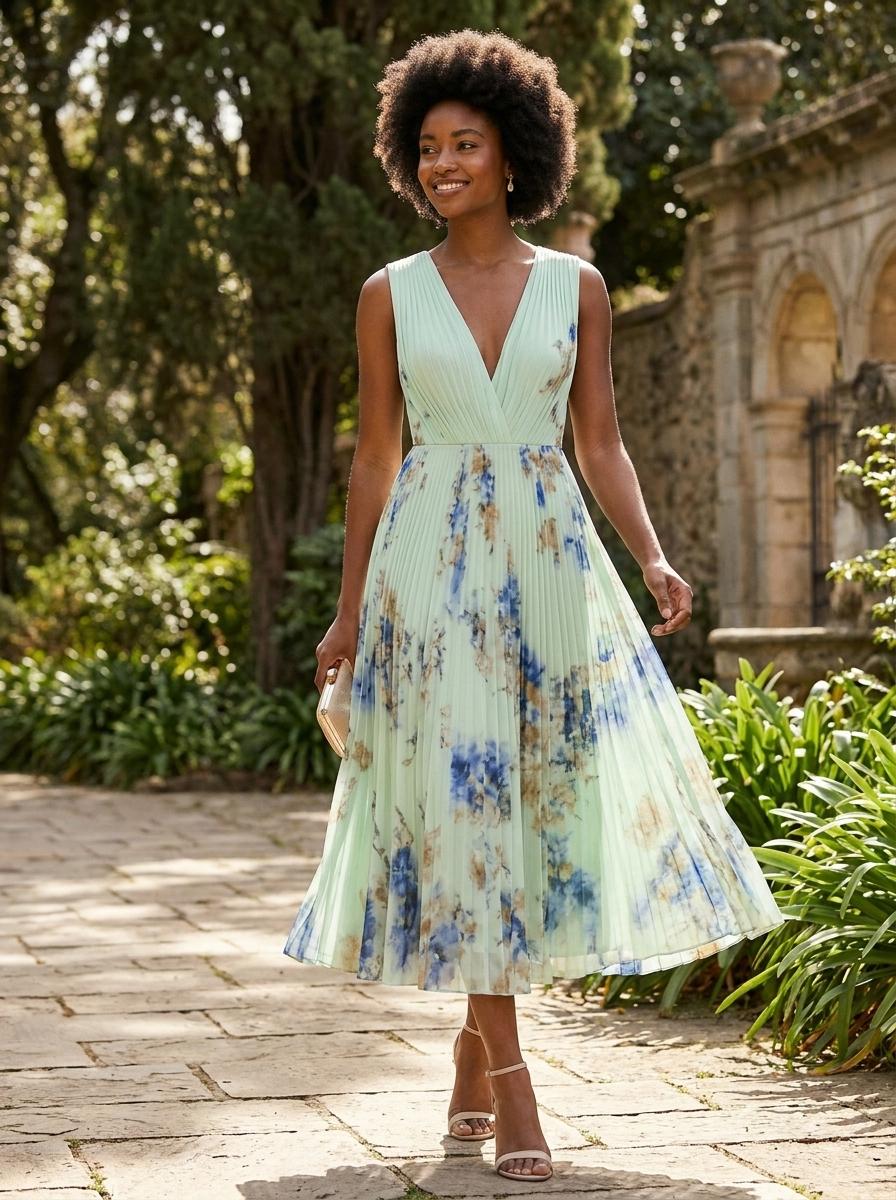 Women's Midi Dress with Pleats and V-Neck
