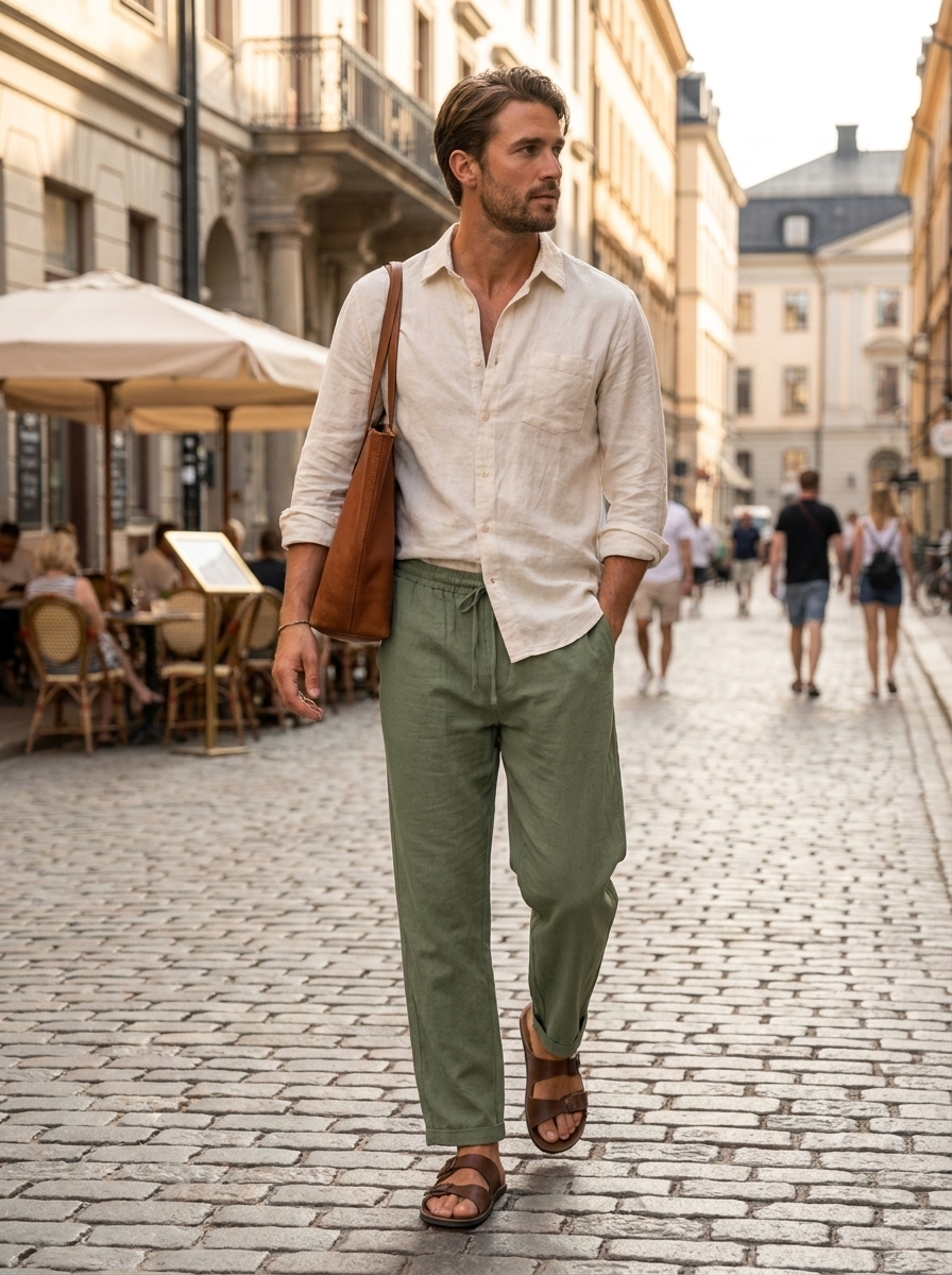 Men's Linen Trousers with Elastic Waistband and Drawstring