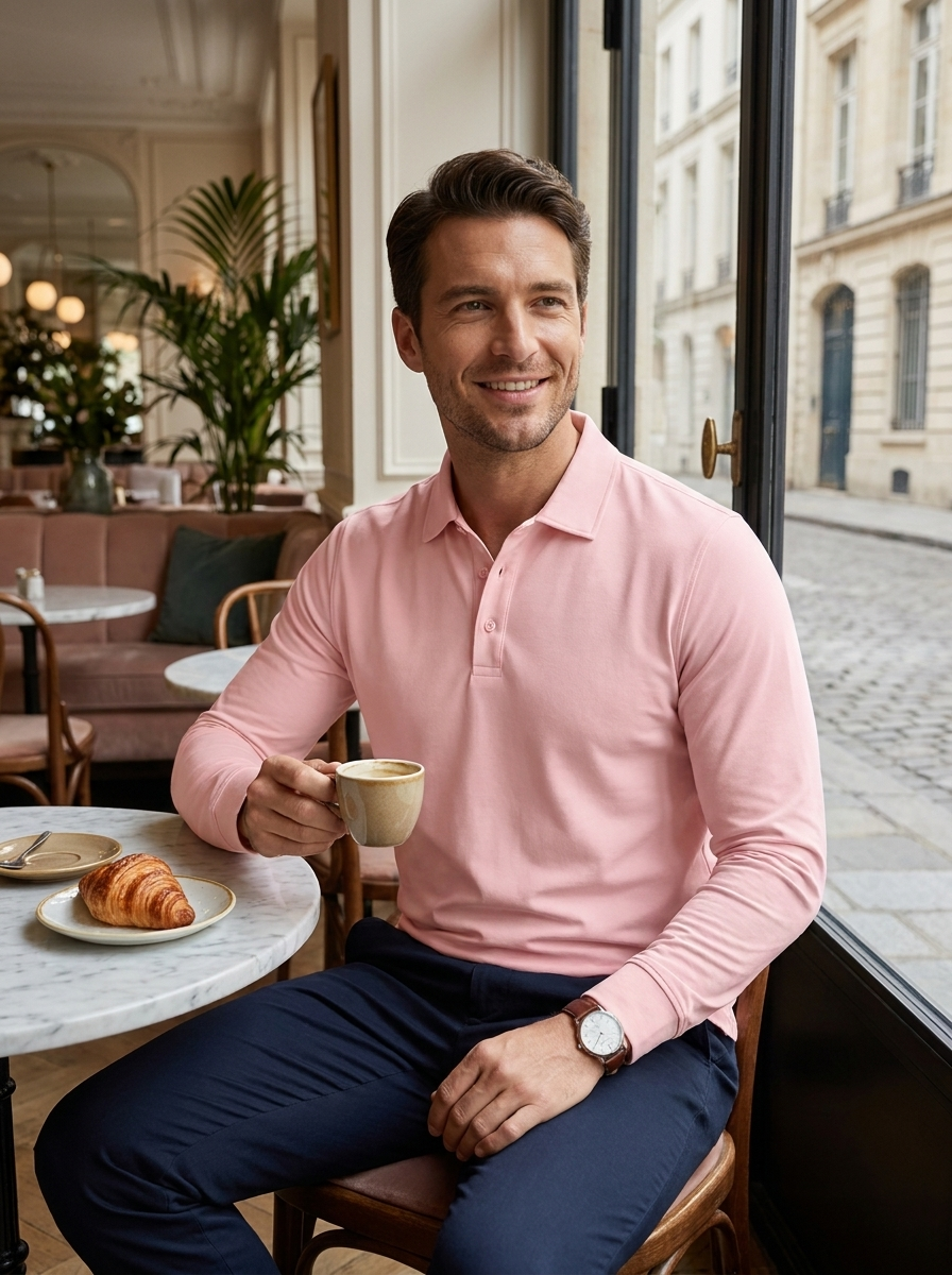 Men's Long Sleeve Polo Shirt with Button Placket