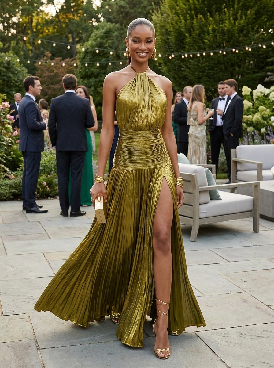 Women's Metallic Halter Maxi | Slit