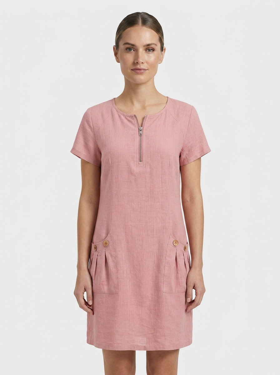 Women's Linen-Look Shift Dress | Zip Neck