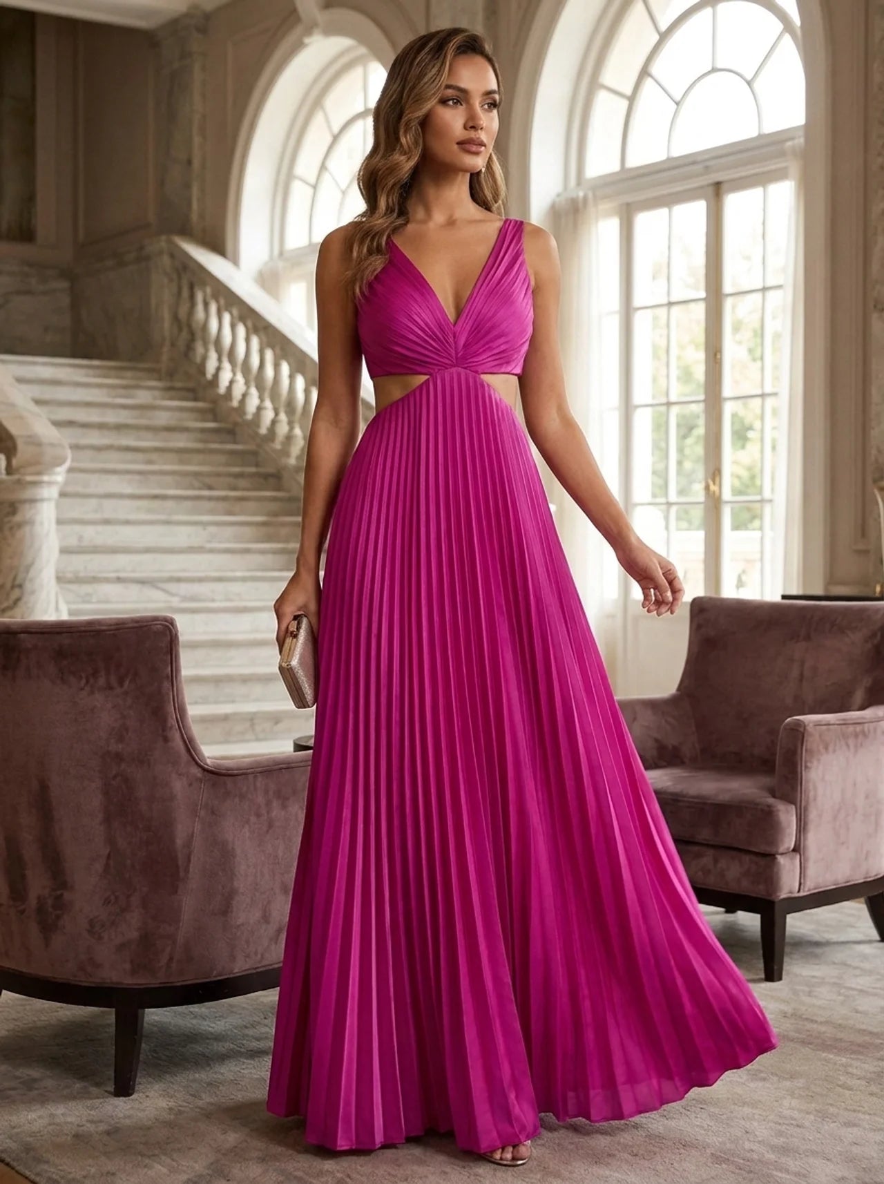 Maxi Dress for Women with Pleats and V-Neck