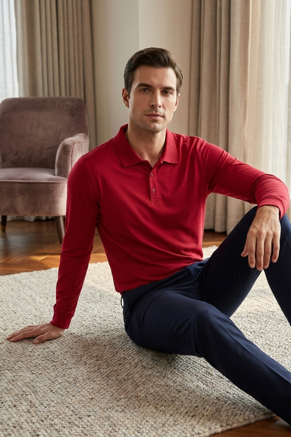 Men's Long Sleeve Polo Shirt with Button Placket