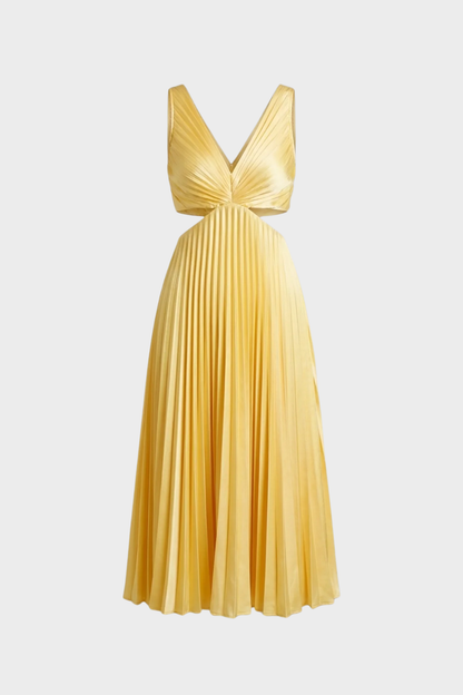 Maxi Dress for Women with Pleats and V-Neck