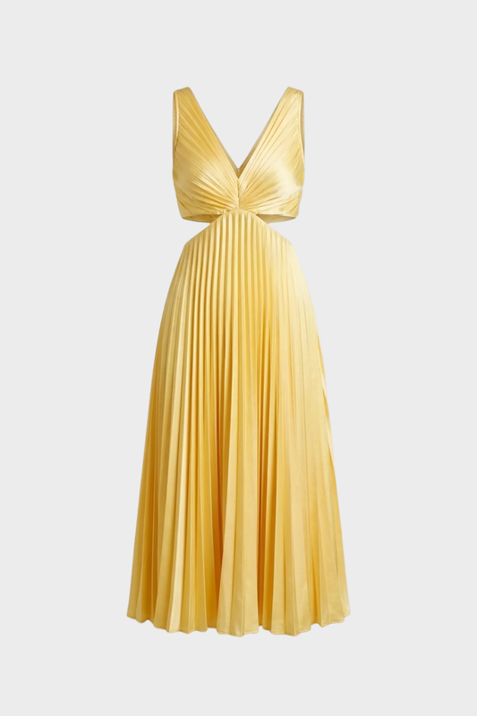 Maxi Dress for Women with Pleats and V-Neck