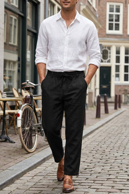 Men's Linen Trousers with Elastic Waistband and Drawstring