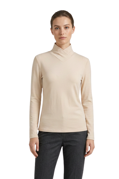 Women's Long Sleeve Top with Stand-up Collar and V-neck