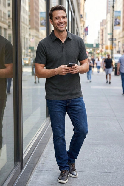 Men's Short Sleeve Polo Shirt with Button Placket
