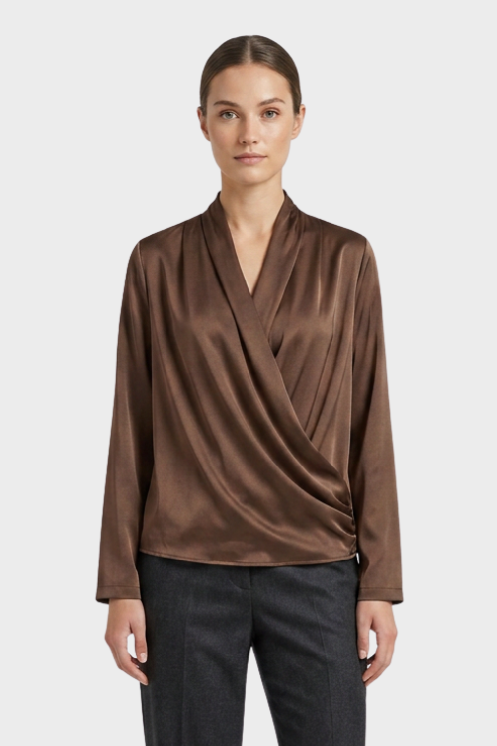 Women's Wrap Blouse with V-Neck and Long Sleeves