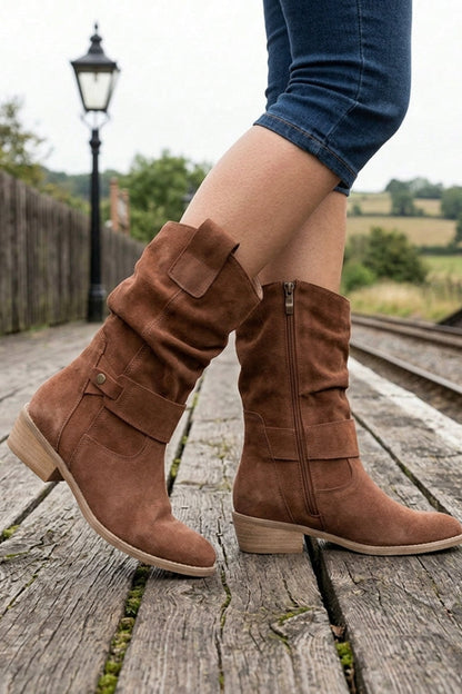 Women's Calf-Length Boots | Buckle Straps & Low Heels