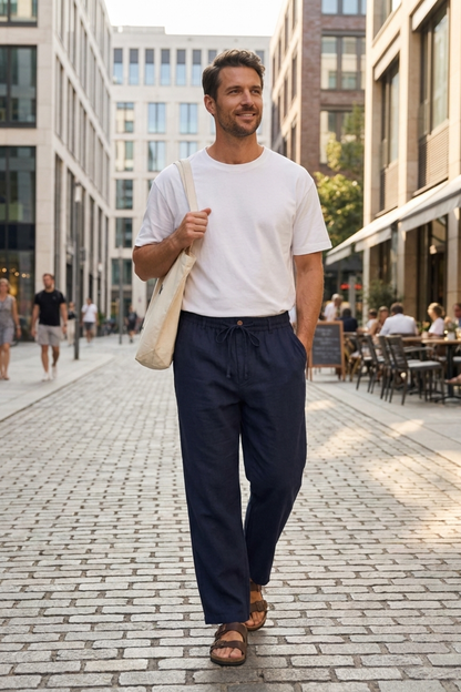 Men's Linen Trousers with Elastic Waistband and Drawstring