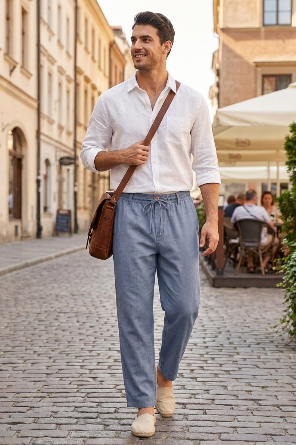 Men's Linen Trousers with Elastic Waistband and Drawstring
