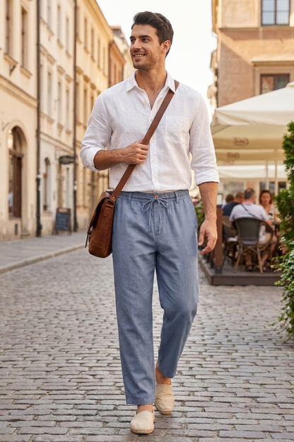 Men's Linen Trousers with Elastic Waistband and Drawstring