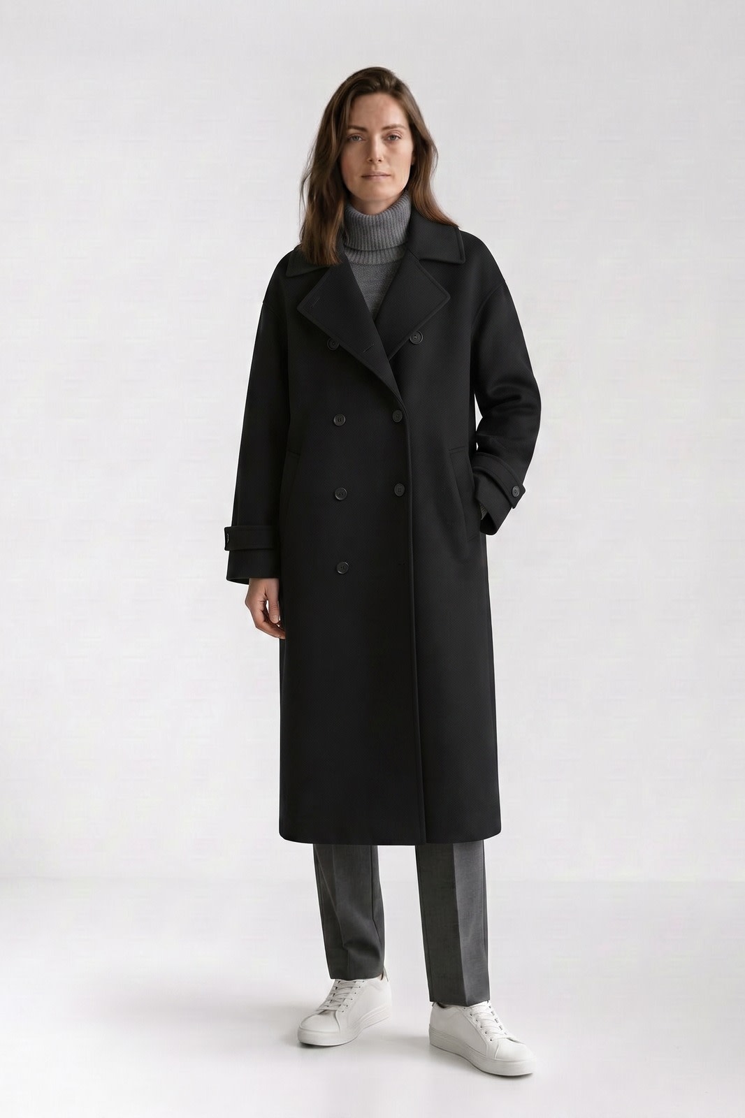 Women's Trench Coat | Belted — Black — front view — on model