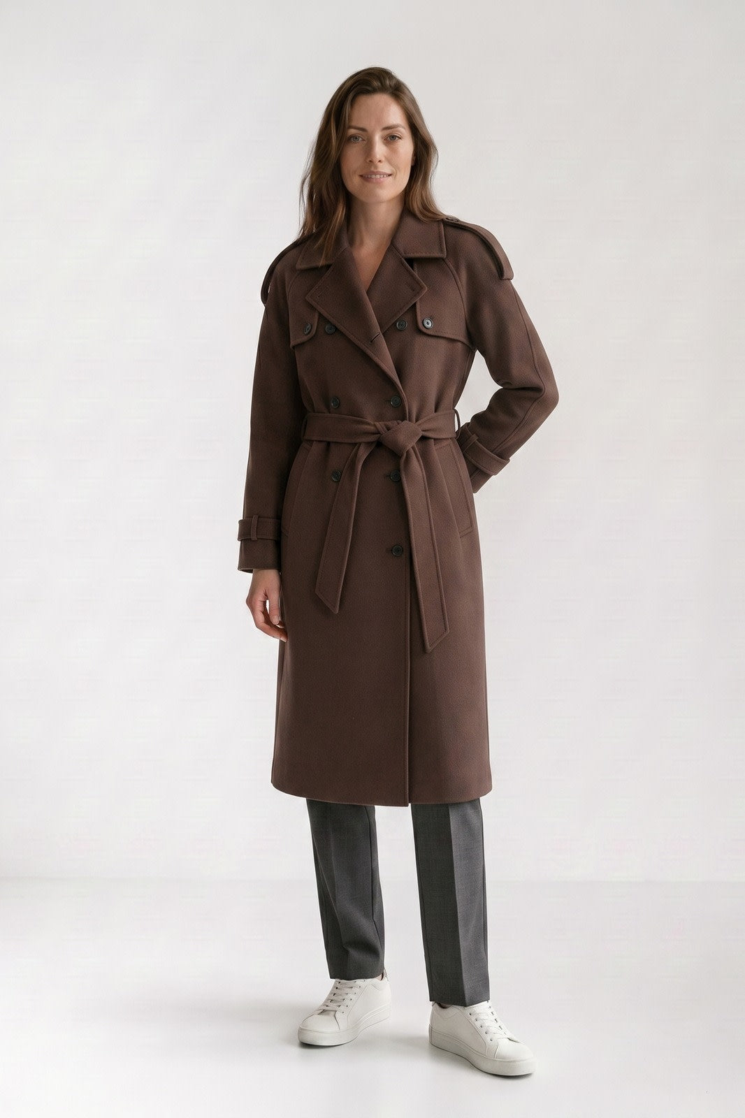 Women's Trench Coat | Belted — Brown — front view — on model