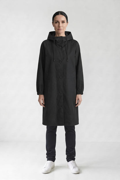 Women's Hooded Raincoat | Button-Front — Black — front view — on model